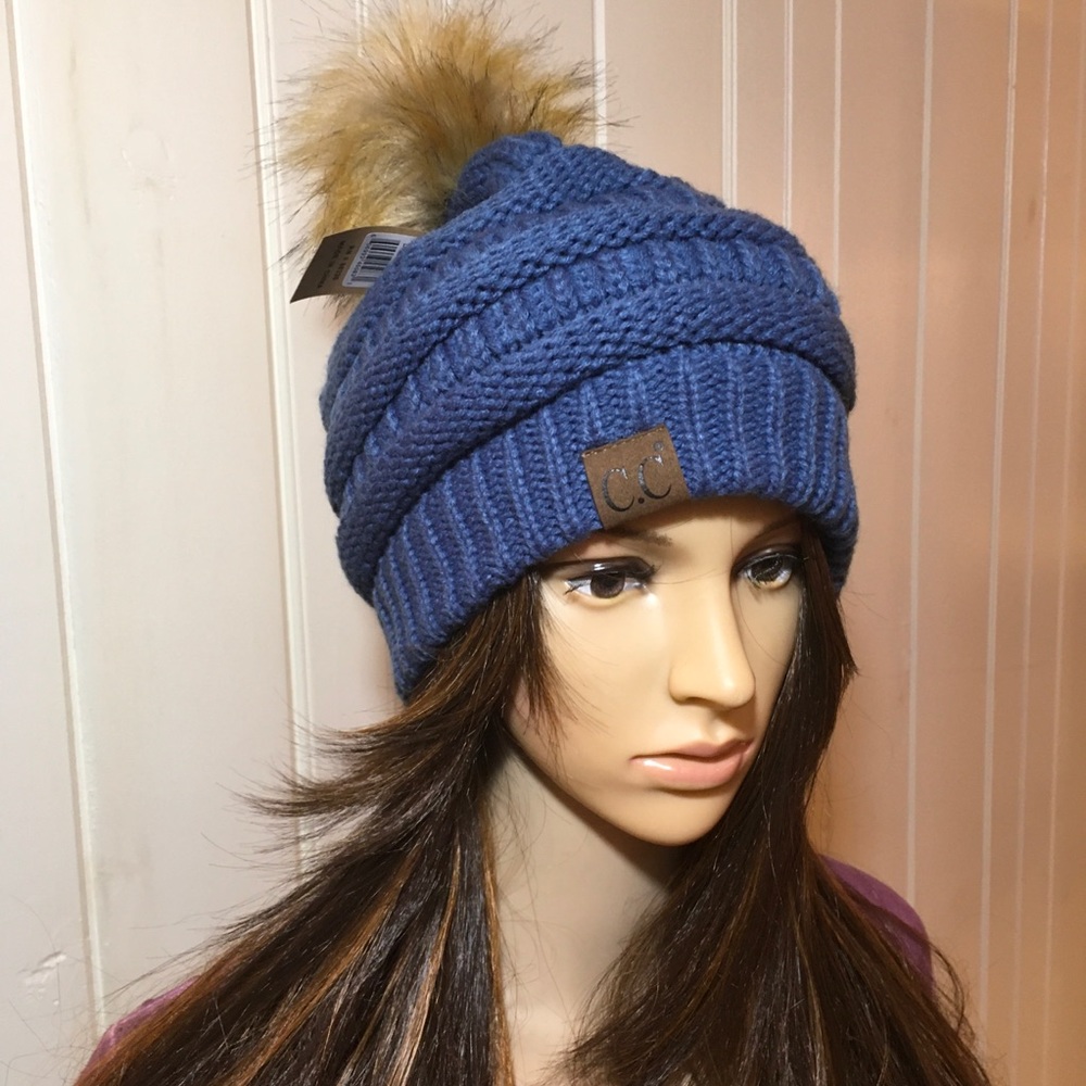 NEW DENIM BLUE POM POM BEANIE